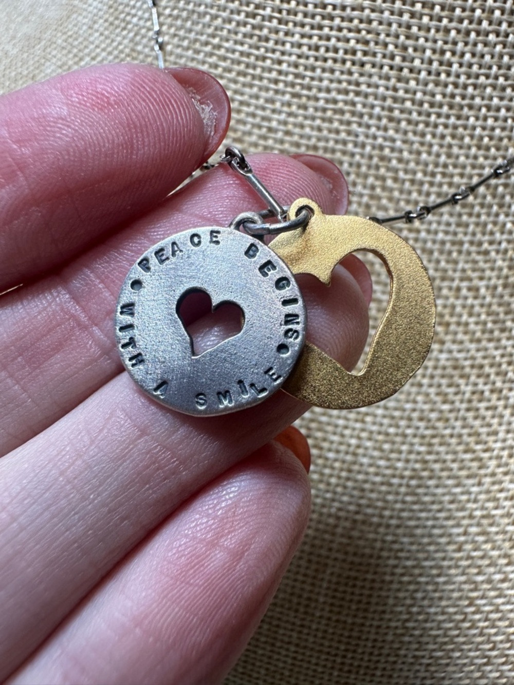 KCB Kathy Bransfield Gold and Silver Heart Necklace Peace Begins With a Smile